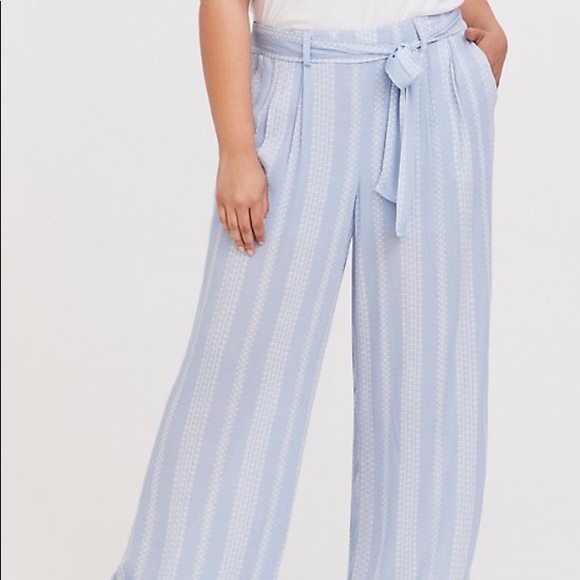 Torrid Light Blue Geo Stripe Gauze Self Tie Wide Leg Pant - Picture 2 of 9